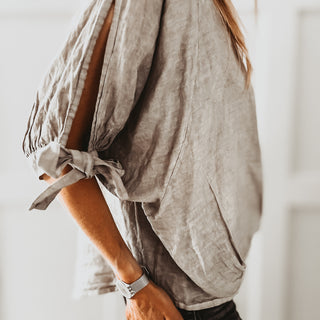 TAUPE Leila linen top with bows *NEW*