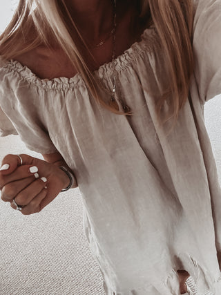 Lottie linen off shoulder beige dress *NEW*