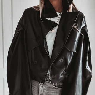 Black Cara faux leather high collar jacket
