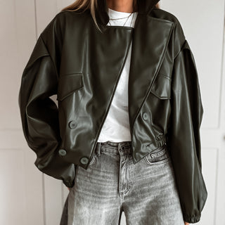 Khaki Cara faux leather high collar jacket *NEW*