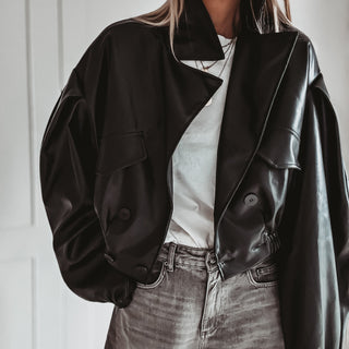 Black Cara faux leather high collar jacket