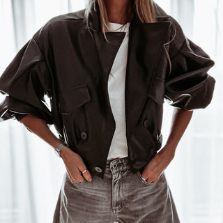 Black Cara faux leather high collar jacket