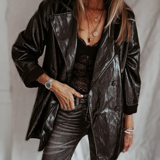 Oswega Black faux patent leather boyfriend blazer *NEW*