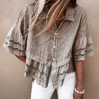 Lola TAUPE linen shirt with cotton lace *NEW*