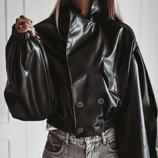 Black Cara faux leather high collar jacket