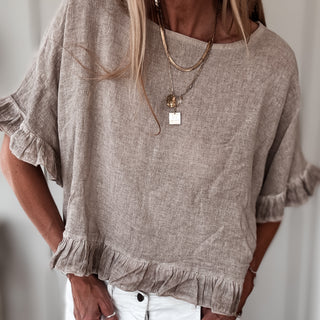 Sand ruffle edges linen top *NEW*