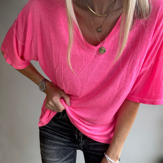 Neon pink V neck tee