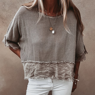 Mila TAUPE crochet tee with cotton lace trim *NEW*