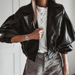 Black Cara faux leather high collar jacket