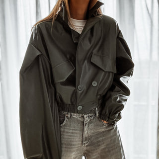 Khaki Cara faux leather high collar jacket *NEW*