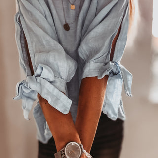 PALE BLUE Leila linen top with bows *NEW*