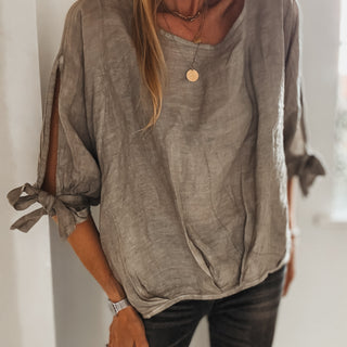 TAUPE Leila linen top with bows *NEW*