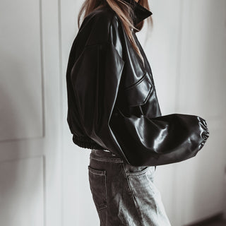 Black Cara faux leather high collar jacket