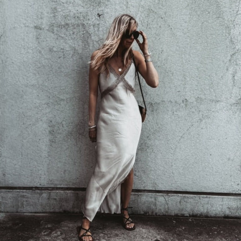 Sienna Lace Satin Slip dress SILVER CHAMPAGNE – Lucy Dodwell
