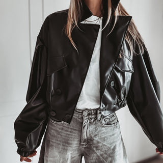 Black Cara faux leather high collar jacket