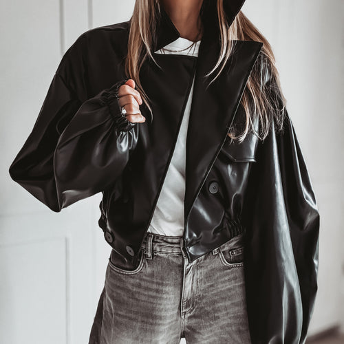 Black Cara faux leather high collar jacket