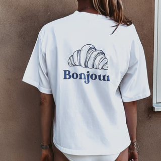 White/navy Bonjour croissant tee  *NEW*