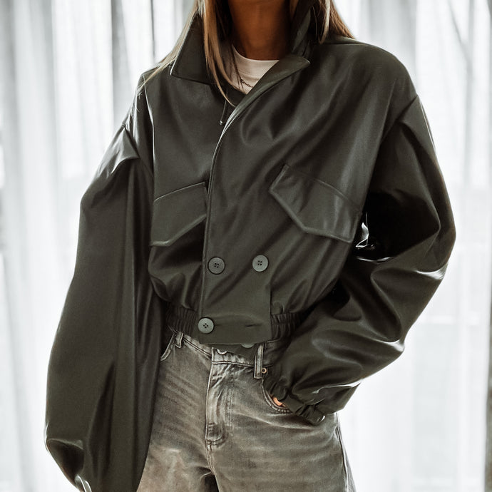 Khaki Cara faux leather high collar jacket *NEW*
