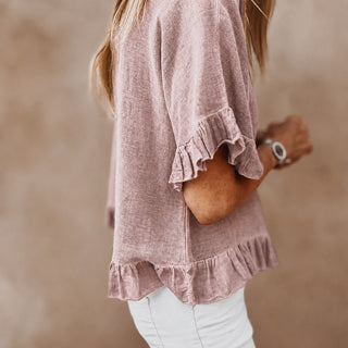 Dusty pink ruffle edges linen top *NEW*