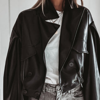Black Cara faux leather high collar jacket