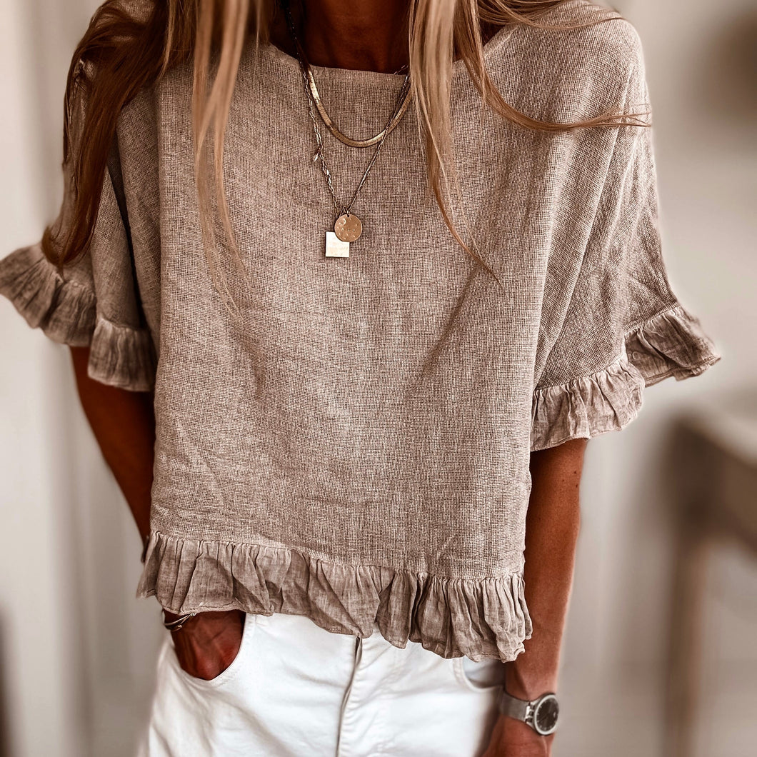 Loli sand ruffle edges linen top *NEW*
