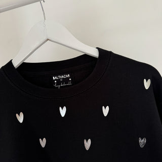 Glitter silver miniature HEARTS on black sweatshirt *NEW*