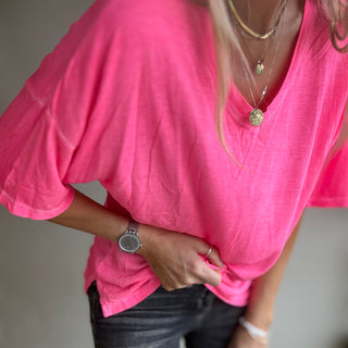 Neon pink V neck tee