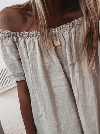 Lottie linen off shoulder beige dress *NEW*