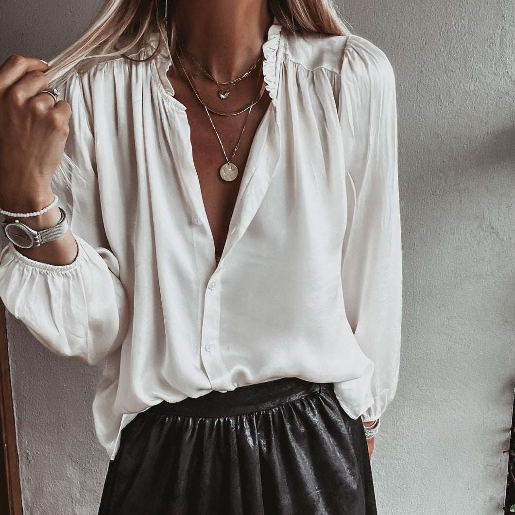 VINTAGE WHITE Rose ruffle collar Satin Blouse NEW Lucy Dodwell
