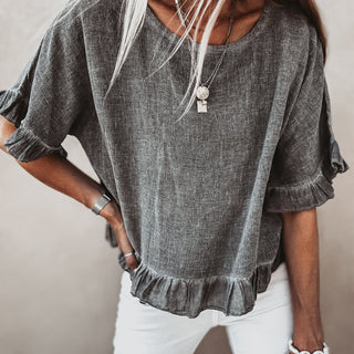 Inky grey ruffle edges linen top *NEW*