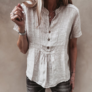 Sand Scarlet smocked white linen blouse