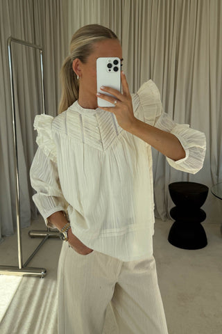 Loryn smocked white linen blouse