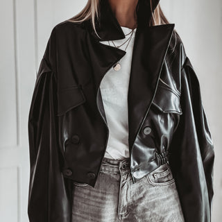 Black Cara faux leather high collar jacket
