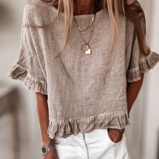 Sand ruffle edges linen top *NEW*