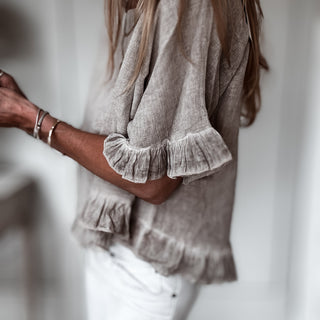 Sand ruffle edges linen top *NEW*