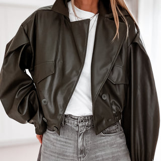 Khaki Cara faux leather high collar jacket *NEW*