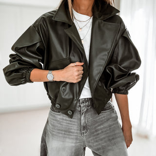 Khaki Cara faux leather high collar jacket *NEW*