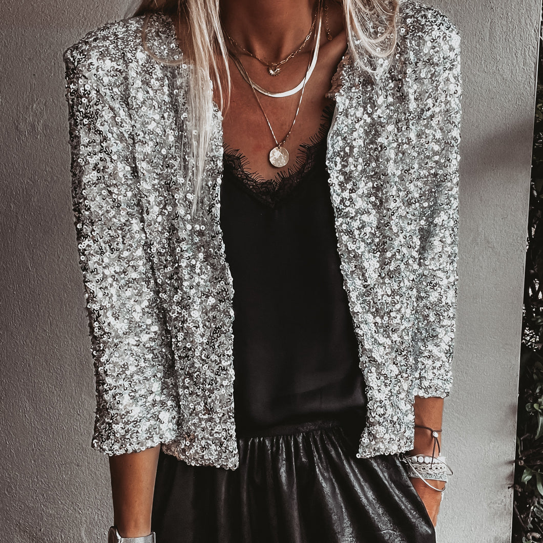 silver jackets for evening dresses Sparkle Sequin Bolero Jacket Shrug Cardigans for Cocktail Dress Wedding Guest Silver, Women's, Size: Small