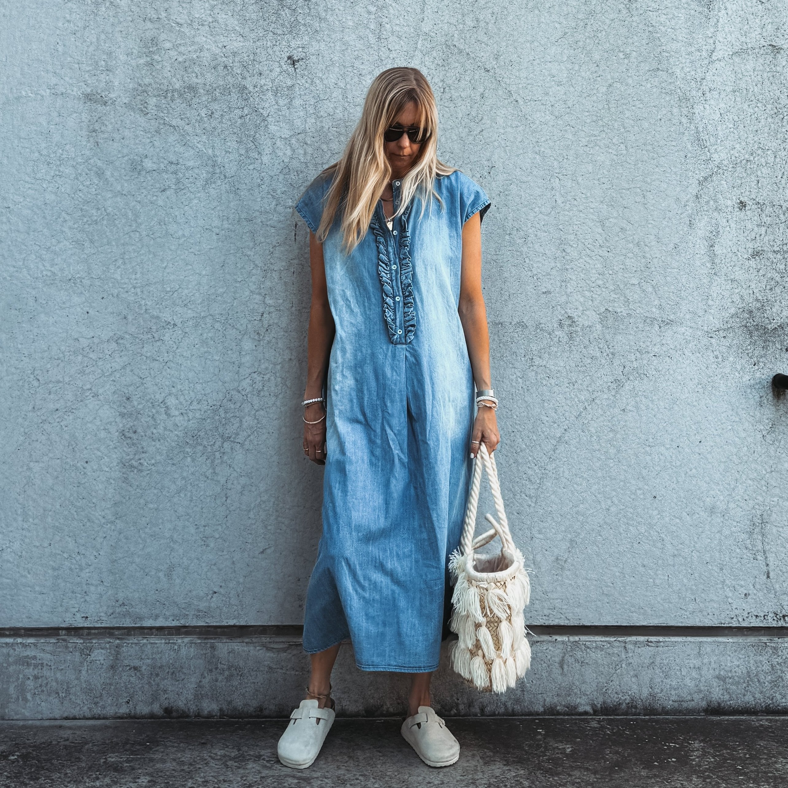 ワンピース riu Tulle docking denim dress utcoco Denim Dress for Women Ruffle Adjustable Strap