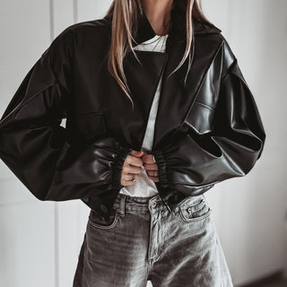 Black Cara faux leather high collar jacket