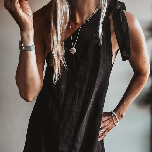 BLACK Sicily linen off shoulder shirt dress *NEW*