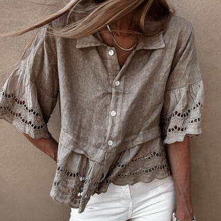 Lola TAUPE linen shirt with cotton lace *NEW*