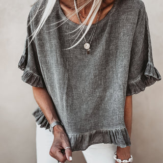 Inky grey ruffle edges linen top *NEW*