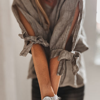 TAUPE Leila linen top with bows *NEW*
