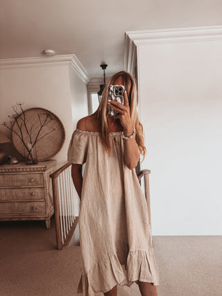 Lottie linen off shoulder beige dress *NEW*