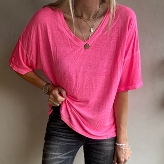 Neon pink V neck tee