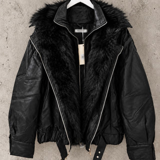 Black Tara faux leather fur high collar biker jacket