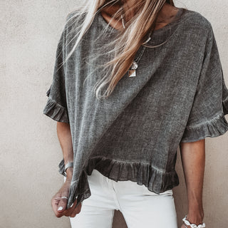 Inky grey ruffle edges linen top *NEW*