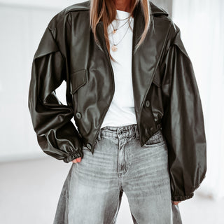 Khaki Cara faux leather high collar jacket *NEW*