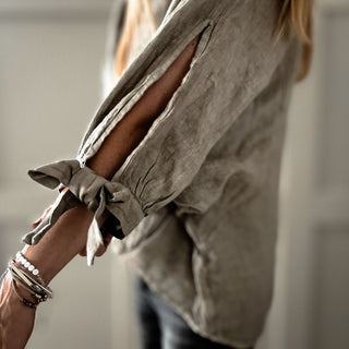 TAUPE Leila linen top with bows *NEW*